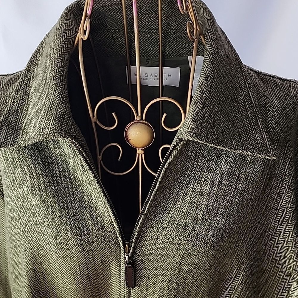 Classic Herringbone Silk Blend Zippered Jacket Moss Green Size 14